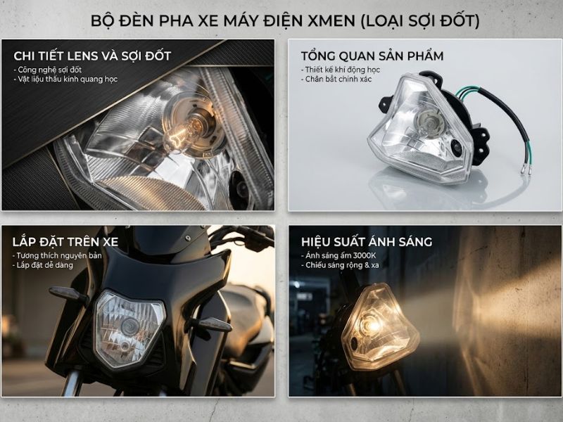 Bộ đèn pha xe máy điện XMEN sợi đốt