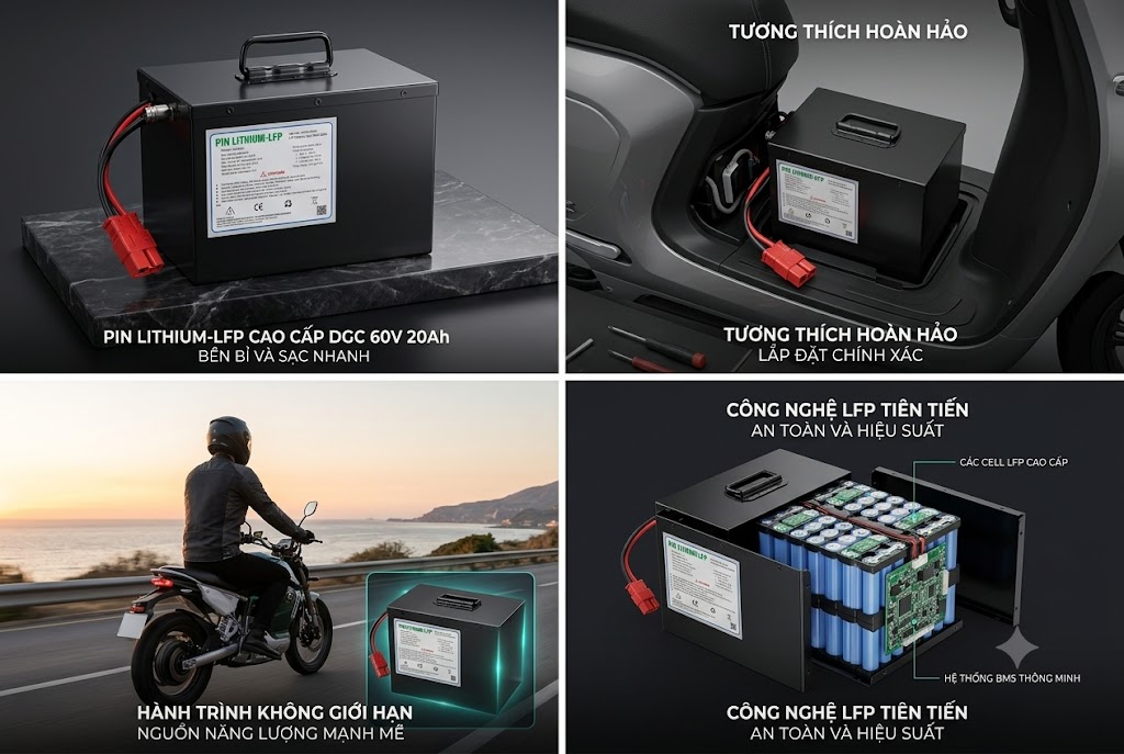 Pin Lithium Xe Máy Điện 60V 20Ah Kèm Sạc Đồng Bộ